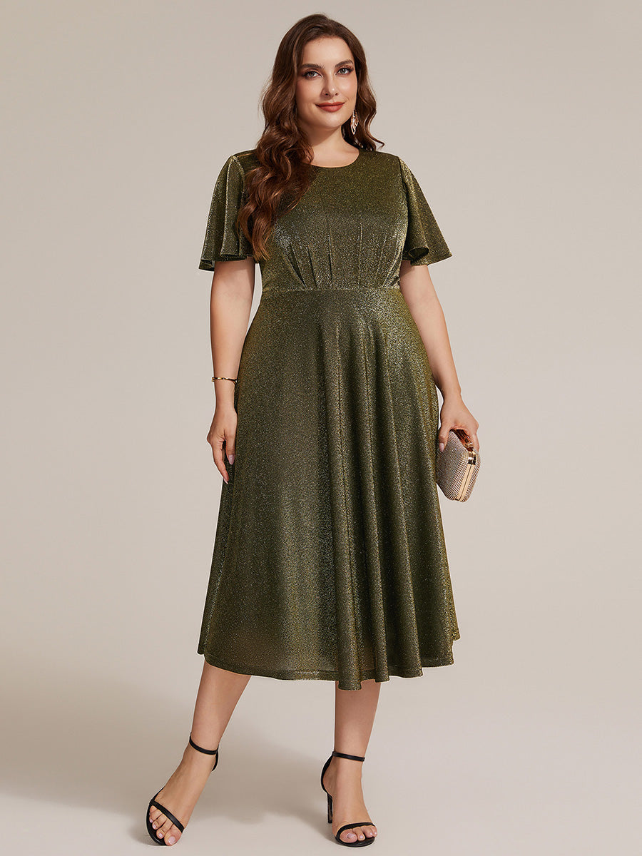 Midi Tea L?nge A Linie Kleid Runder Ausschnitt Lurex Netzstoff 3D Drapierung Eleganter Look #Farbe_Goldmetallic
