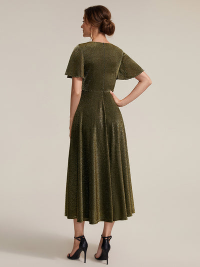 Midi Tea L?nge A Linie Kleid Runder Ausschnitt Lurex Netzstoff 3D Drapierung Eleganter Look #Farbe_Goldmetallic