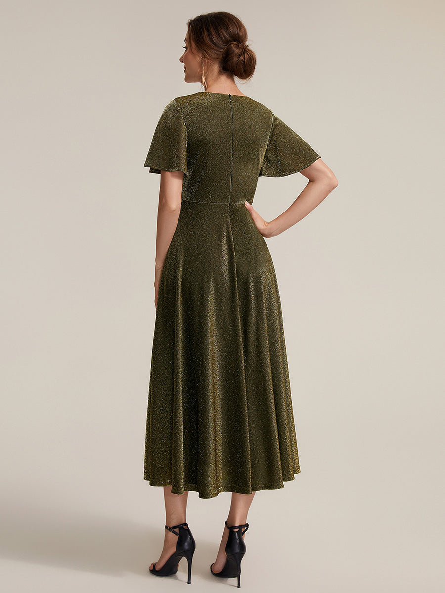 Midi Tea L?nge A Linie Kleid Runder Ausschnitt Lurex Netzstoff 3D Drapierung Eleganter Look #Farbe_Goldmetallic