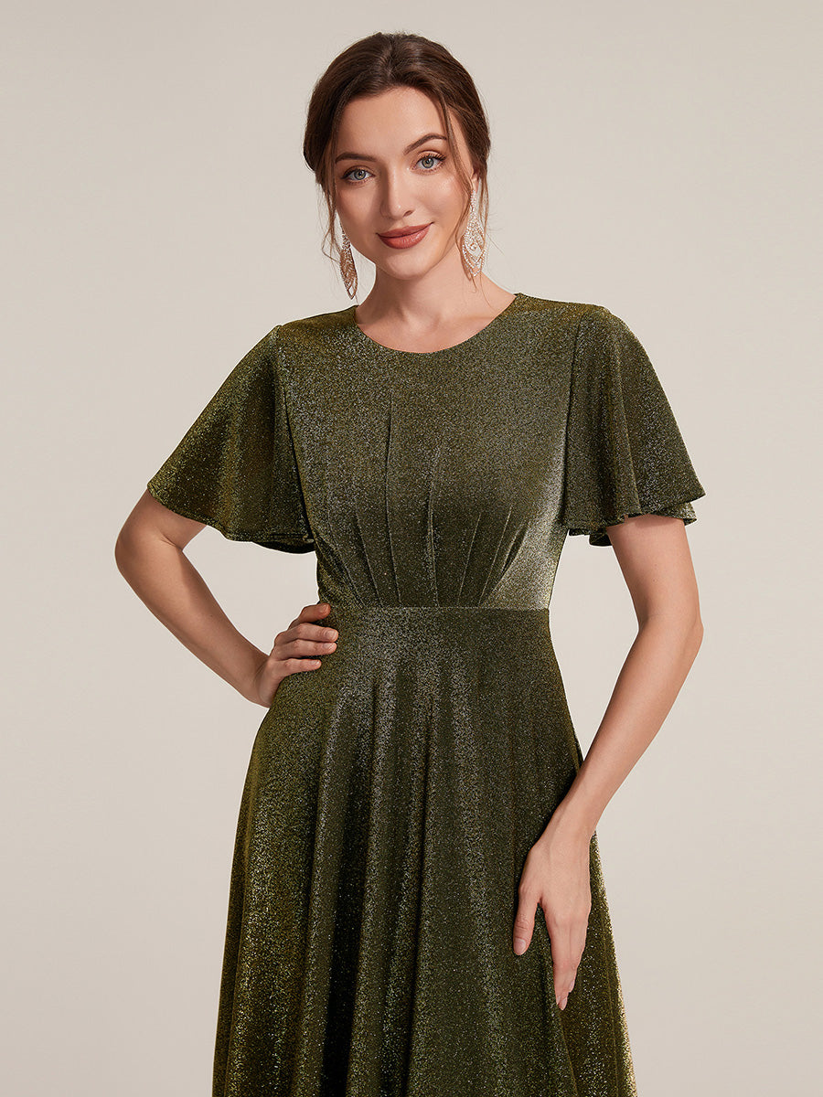 Midi Tea L?nge A Linie Kleid Runder Ausschnitt Lurex Netzstoff 3D Drapierung Eleganter Look #Farbe_Goldmetallic