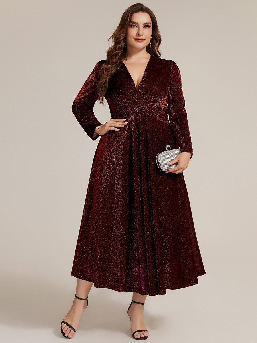 Tea Länge A Linie Kleid Mit Überkreuztem Ausschnitt Aus Lurex Netzstoff Perfekt Für Binden #Farbe_Burgunderrot