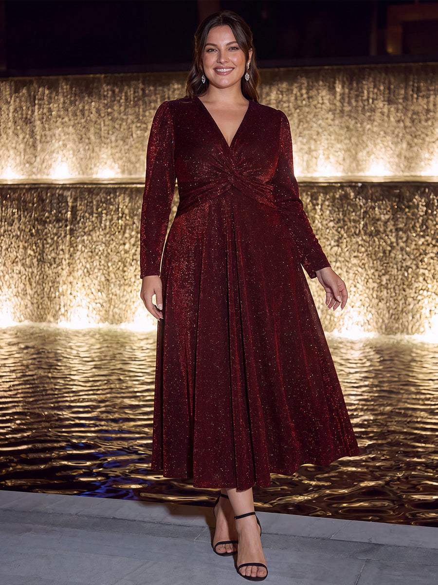 Tea Länge A Linie Kleid Mit Überkreuztem Ausschnitt Aus Lurex Netzstoff Perfekt Für Binden #Farbe_Burgunderrot