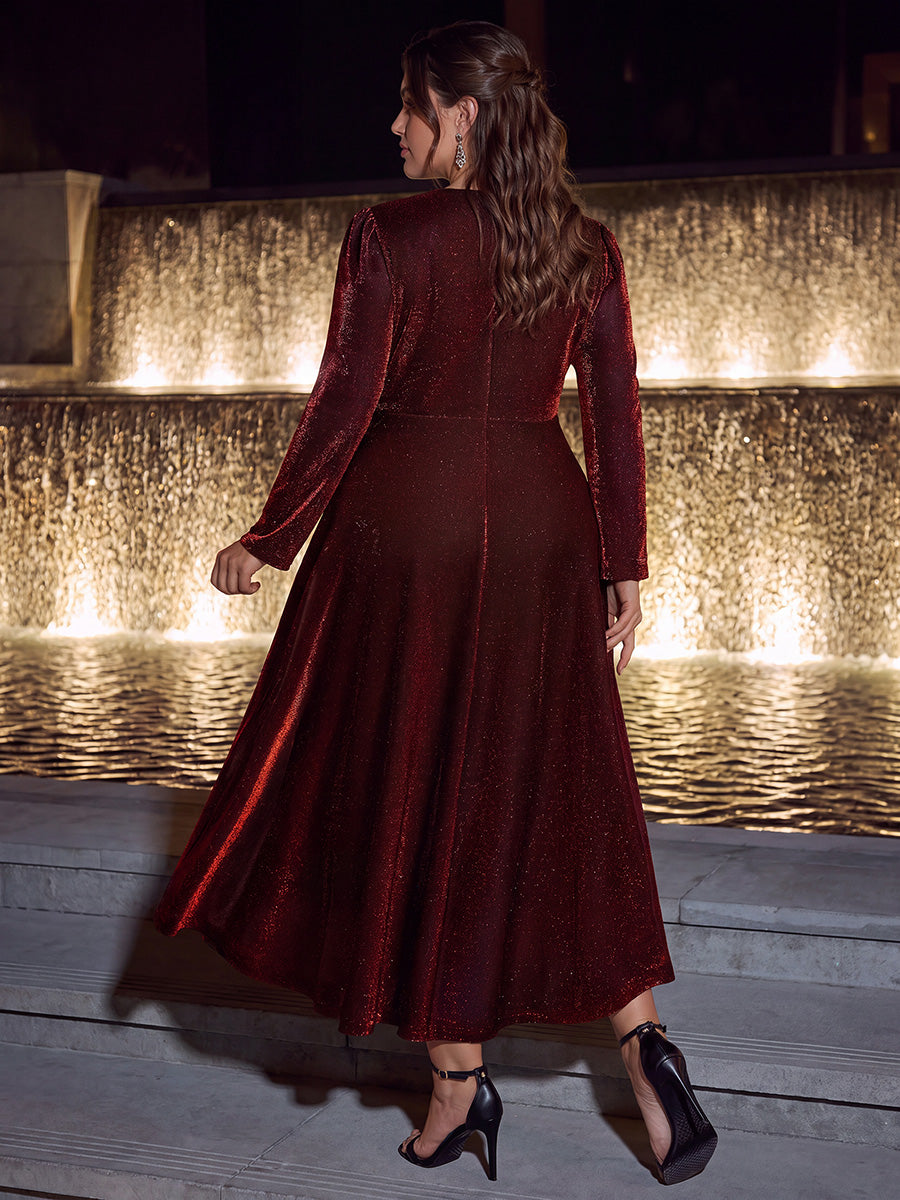 Tea Länge A Linie Kleid Mit Überkreuztem Ausschnitt Aus Lurex Netzstoff Perfekt Für Binden #Farbe_Burgunderrot