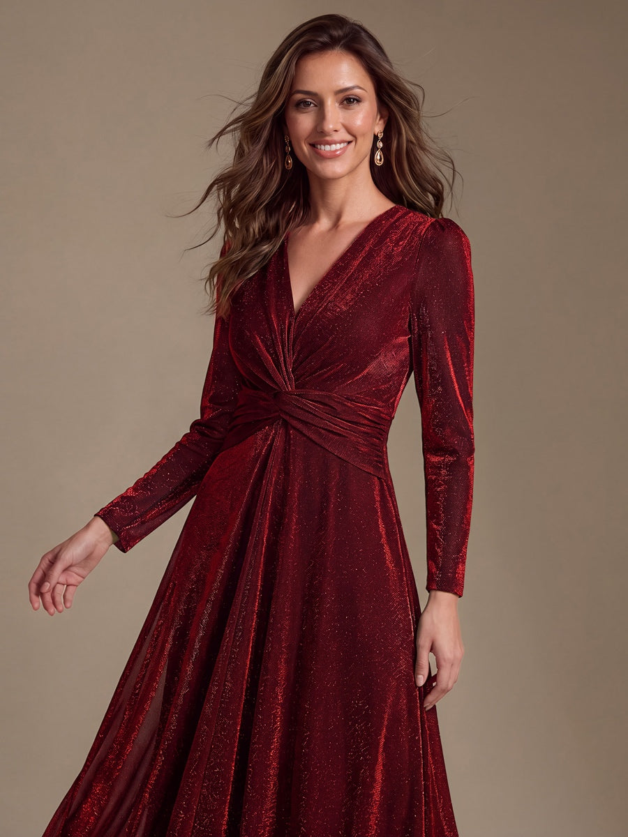 Tea Länge A Linie Kleid Mit Überkreuztem Ausschnitt Aus Lurex Netzstoff Perfekt Für Binden #Farbe_Burgunderrot