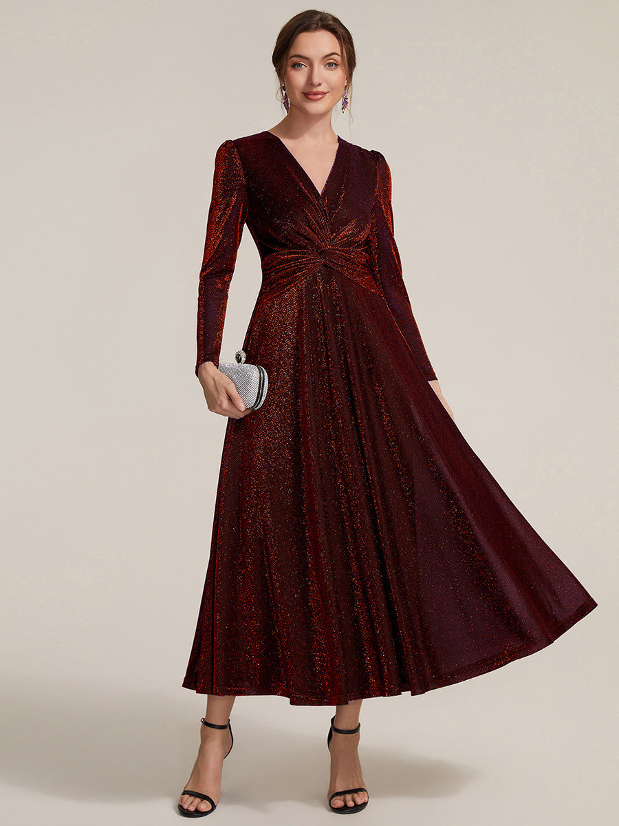 Tea Länge A Linie Kleid Mit Überkreuztem Ausschnitt Aus Lurex Netzstoff Perfekt Für Binden #Farbe_Burgunderrot