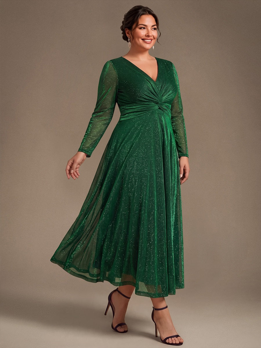 Tea Länge A Linie Kleid Mit Überkreuztem Ausschnitt Aus Lurex Netzstoff Perfekt Für Binden #Farbe_Dunkelgrün