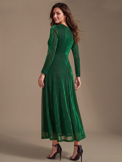 Tea Länge A Linie Kleid Mit Überkreuztem Ausschnitt Aus Lurex Netzstoff Perfekt Für Binden #Farbe_Dunkelgrün