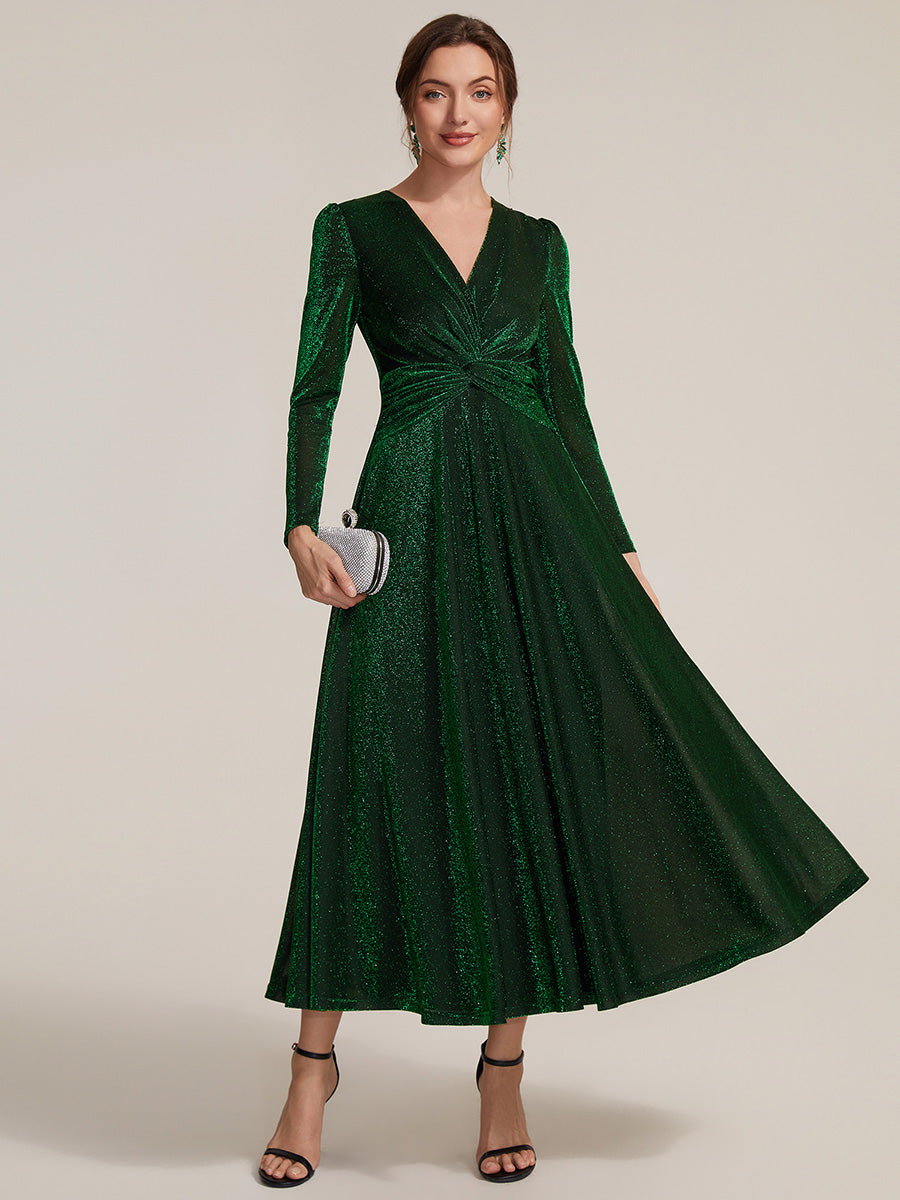 Tea Länge A Linie Kleid Mit Überkreuztem Ausschnitt Aus Lurex Netzstoff Perfekt Für Binden #Farbe_Dunkelgrün
