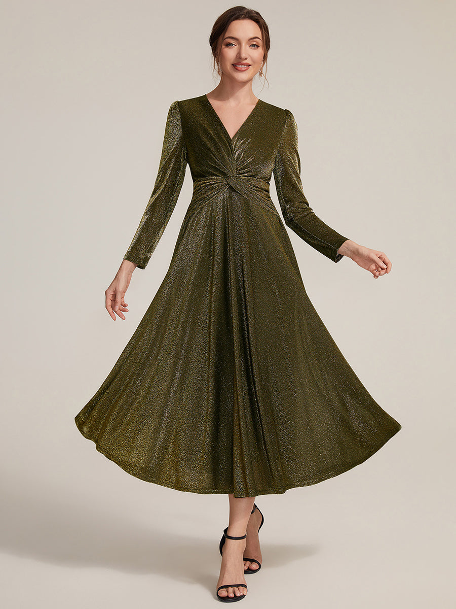 Tea Länge A Linie Kleid Mit Überkreuztem Ausschnitt Aus Lurex Netzstoff Perfekt Für Binden #Farbe_Goldmetallic