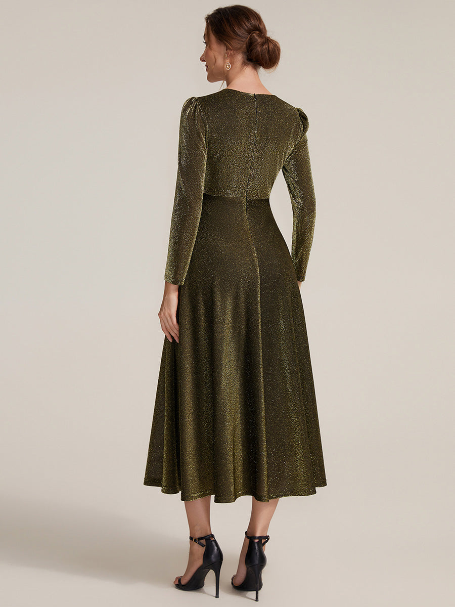 Tea Länge A Linie Kleid Mit Überkreuztem Ausschnitt Aus Lurex Netzstoff Perfekt Für Binden #Farbe_Goldmetallic