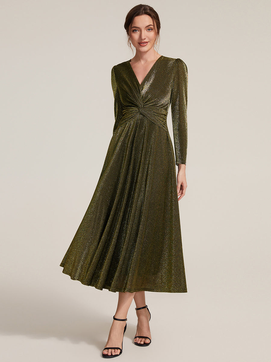 Tea Länge A Linie Kleid Mit Überkreuztem Ausschnitt Aus Lurex Netzstoff Perfekt Für Binden #Farbe_Goldmetallic