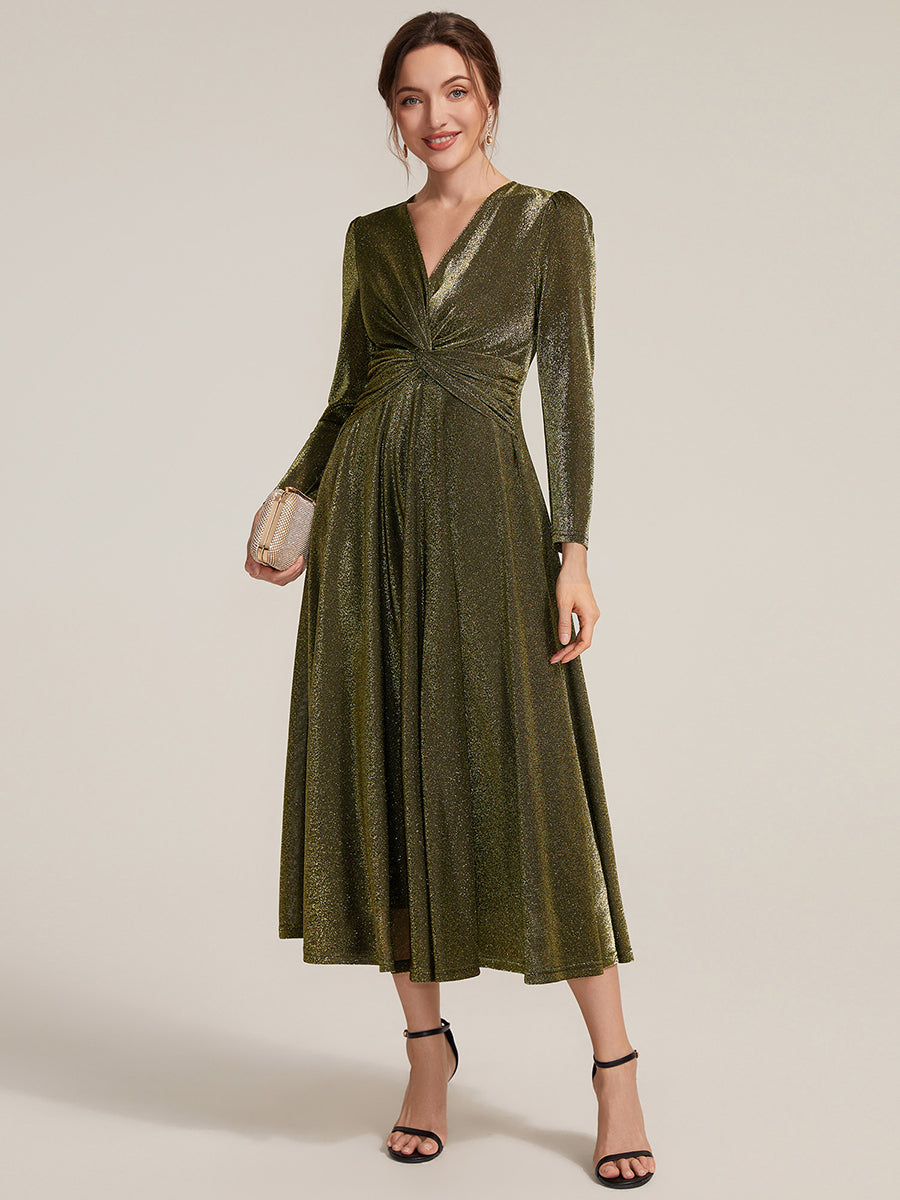 Tea Länge A Linie Kleid Mit Überkreuztem Ausschnitt Aus Lurex Netzstoff Perfekt Für Binden #Farbe_Goldmetallic