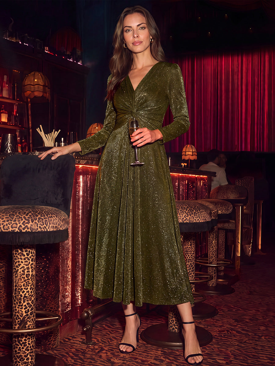 Tea Länge A Linie Kleid Mit Überkreuztem Ausschnitt Aus Lurex Netzstoff Perfekt Für Binden #Farbe_Goldmetallic