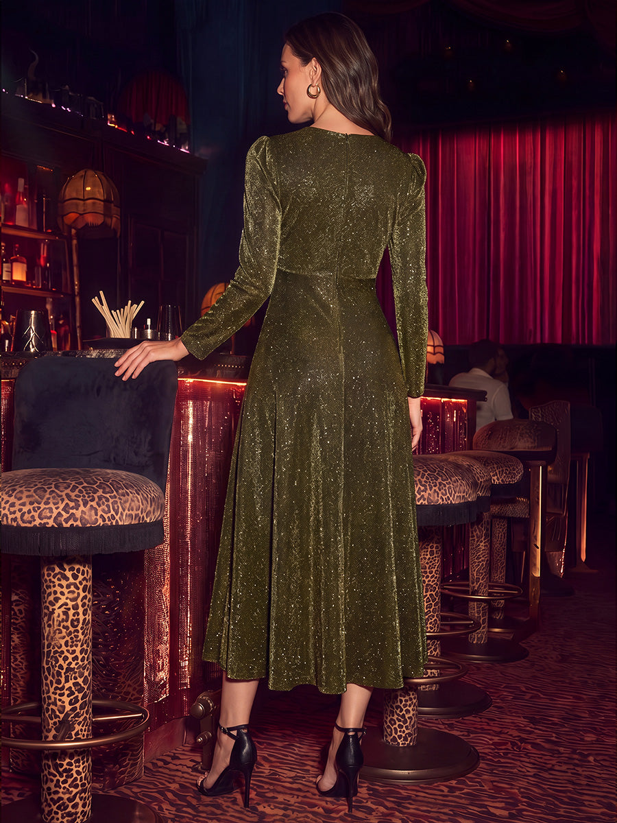 Tea Länge A Linie Kleid Mit Überkreuztem Ausschnitt Aus Lurex Netzstoff Perfekt Für Binden #Farbe_Goldmetallic