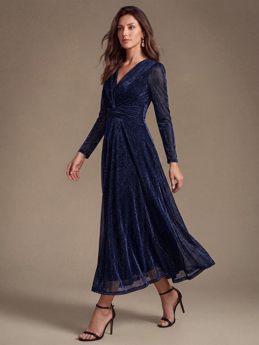 Tea Länge A Linie Kleid Mit Überkreuztem Ausschnitt Aus Lurex Netzstoff Perfekt Für Binden #Farbe_Marineblau