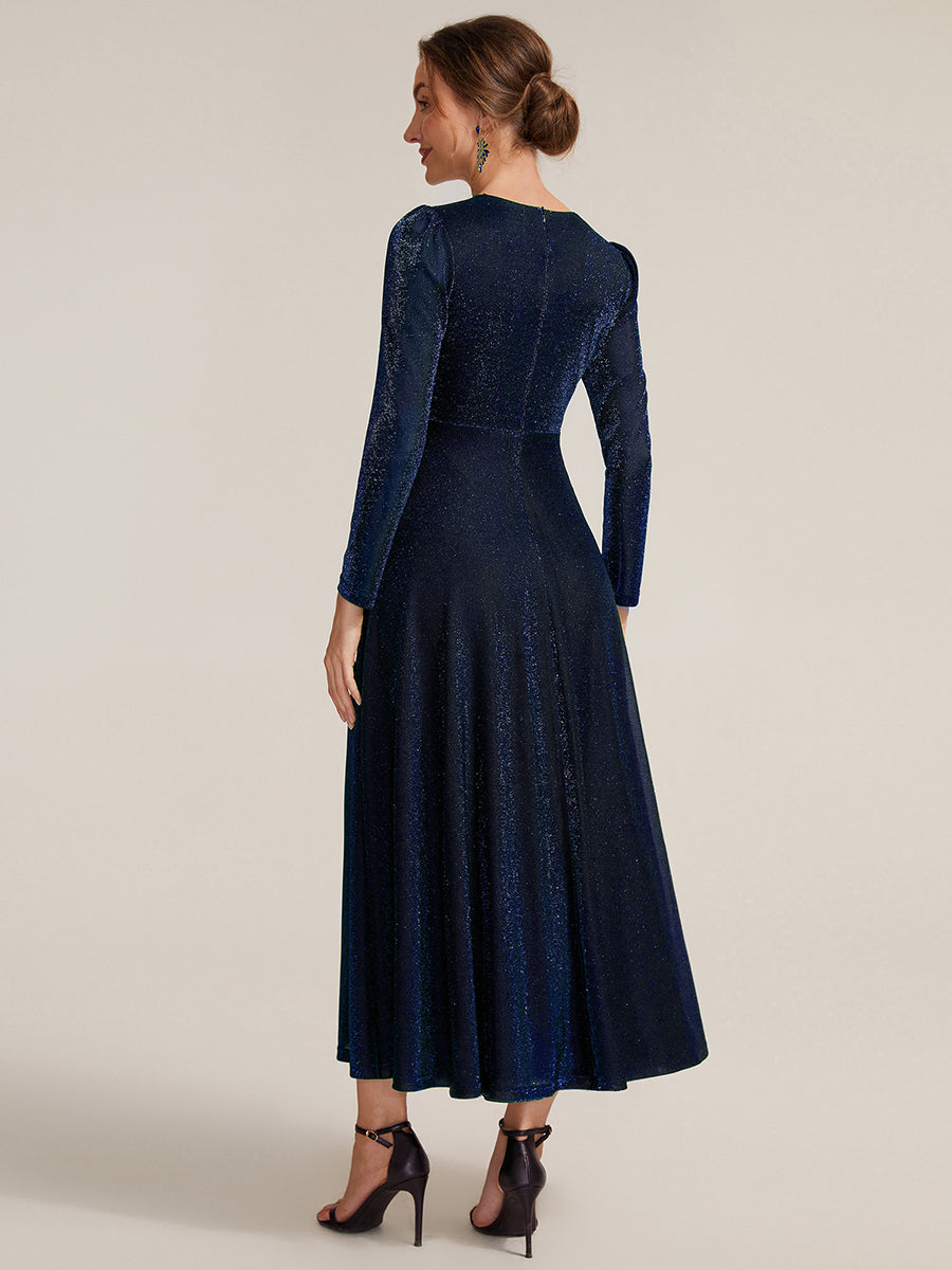 Tea Länge A Linie Kleid Mit Überkreuztem Ausschnitt Aus Lurex Netzstoff Perfekt Für Binden #Farbe_Marineblau