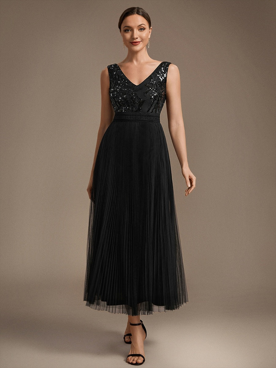 Maxilänge V-Ausschnitt A-Linien Kleid Aus Tüll Mit Pailletten Elegantes Abendkleid #Farbe_Schwarz