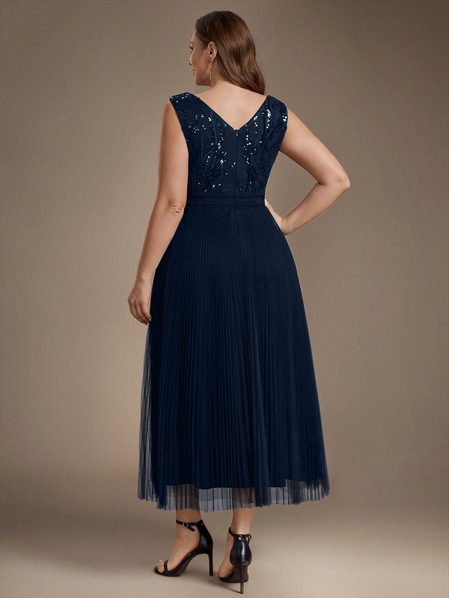 Maxilänge V-Ausschnitt A-Linien Kleid Aus Tüll Mit Pailletten Elegantes Abendkleid #Farbe_Marineblau