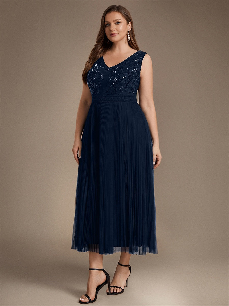 Maxilänge V-Ausschnitt A-Linien Kleid Aus Tüll Mit Pailletten Elegantes Abendkleid #Farbe_Marineblau
