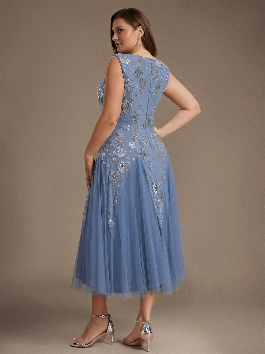 Ärmelloses Paillettenkleid mit Perlenstickerei und V-Ausschnitt hochzeitsgastkleid #Farbe_Taubenblau