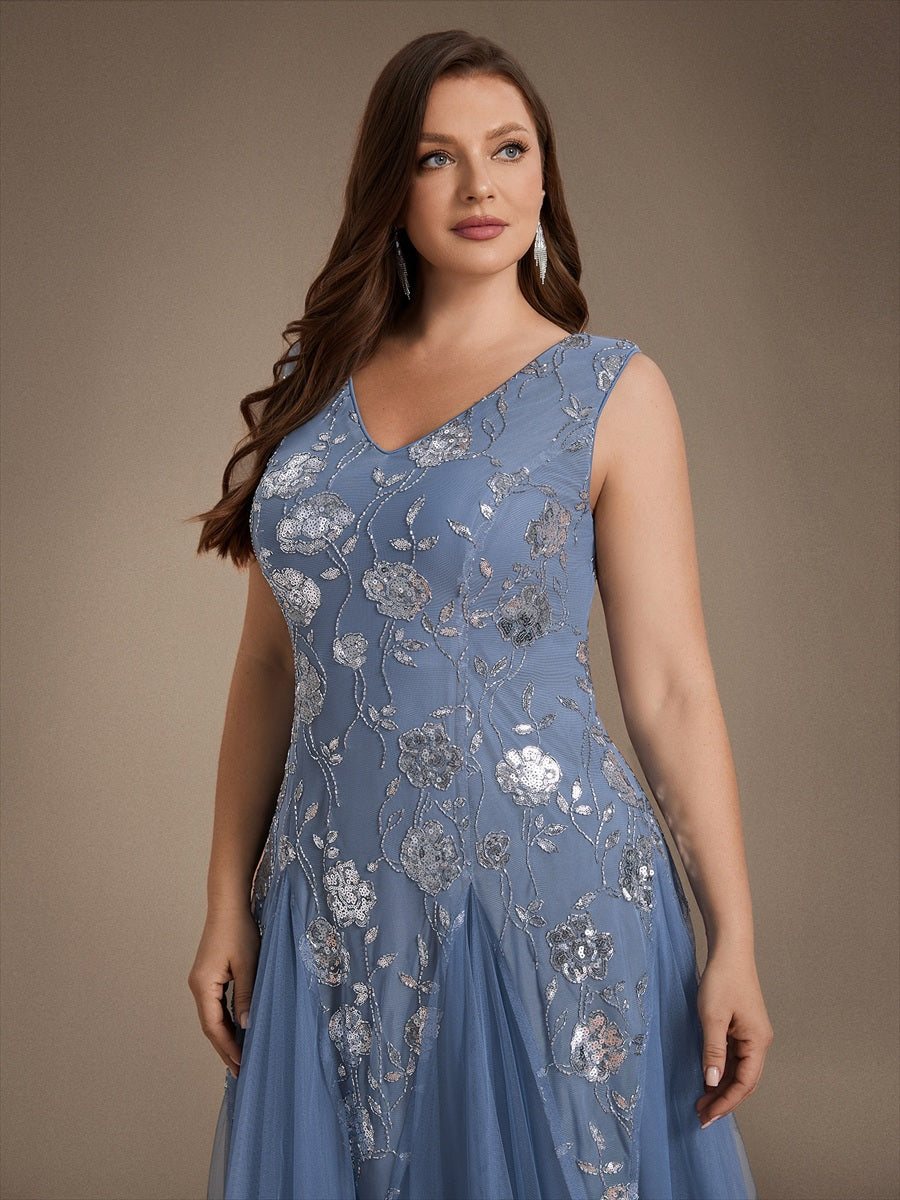 Ärmelloses Paillettenkleid mit Perlenstickerei und V-Ausschnitt hochzeitsgastkleid #Farbe_Taubenblau