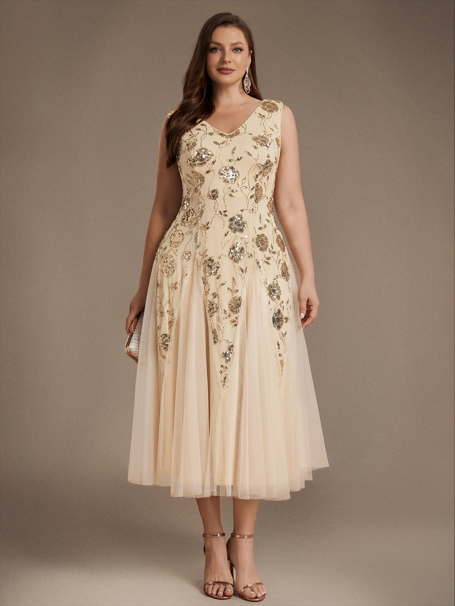 Ärmelloses Paillettenkleid mit Perlenstickerei und V-Ausschnitt hochzeitsgastkleid #Farbe_Gold