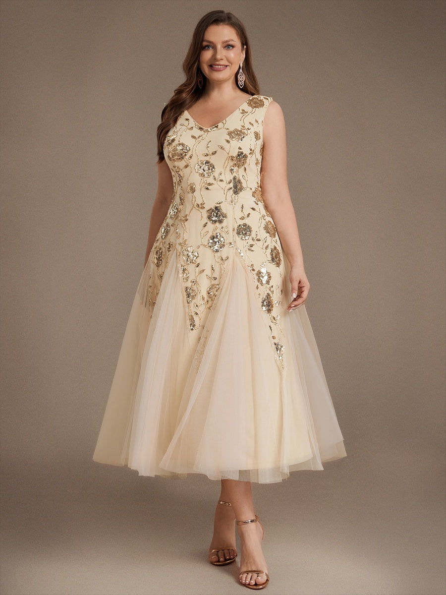 Ärmelloses Paillettenkleid mit Perlenstickerei und V-Ausschnitt hochzeitsgastkleid #Farbe_Gold