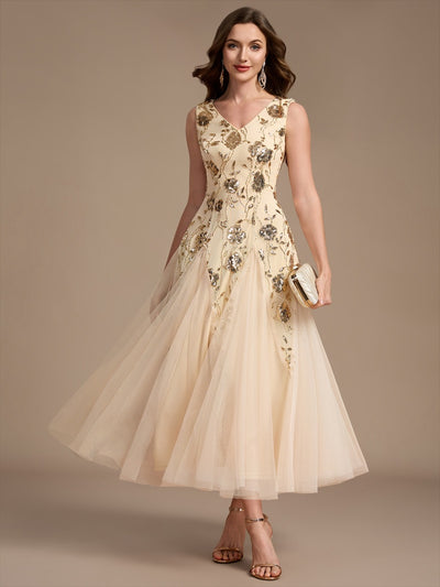 Ärmelloses Paillettenkleid mit Perlenstickerei und V-Ausschnitt hochzeitsgastkleid #Farbe_Gold