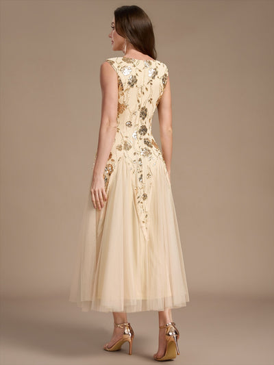 Ärmelloses Paillettenkleid mit Perlenstickerei und V-Ausschnitt hochzeitsgastkleid #Farbe_Gold