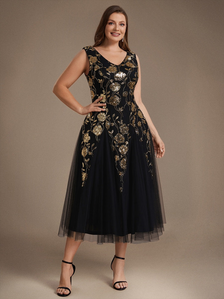 Ärmelloses Paillettenkleid mit Perlenstickerei und V-Ausschnitt hochzeitsgastkleid #Farbe_Schwarz & Gold