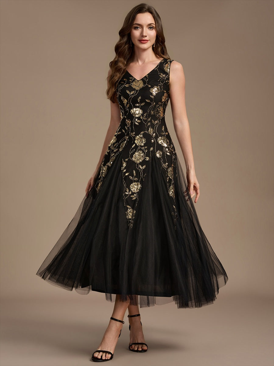 Ärmelloses Paillettenkleid mit Perlenstickerei und V-Ausschnitt hochzeitsgastkleid #Farbe_Schwarz & Gold