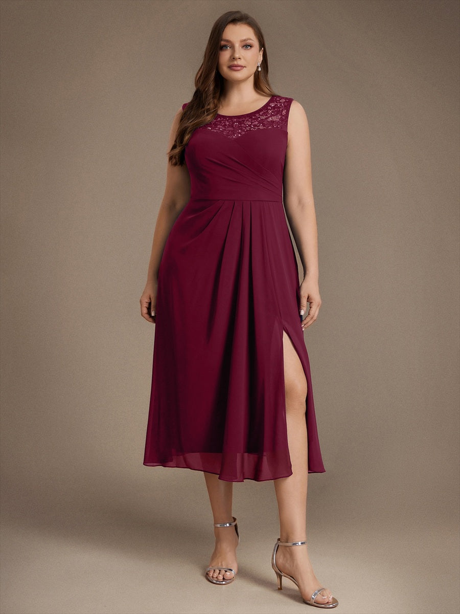 Chiffon mit A-Linie, Ärmellos, und hochzeitsgastkleid #Farbe_Burgunderrot
