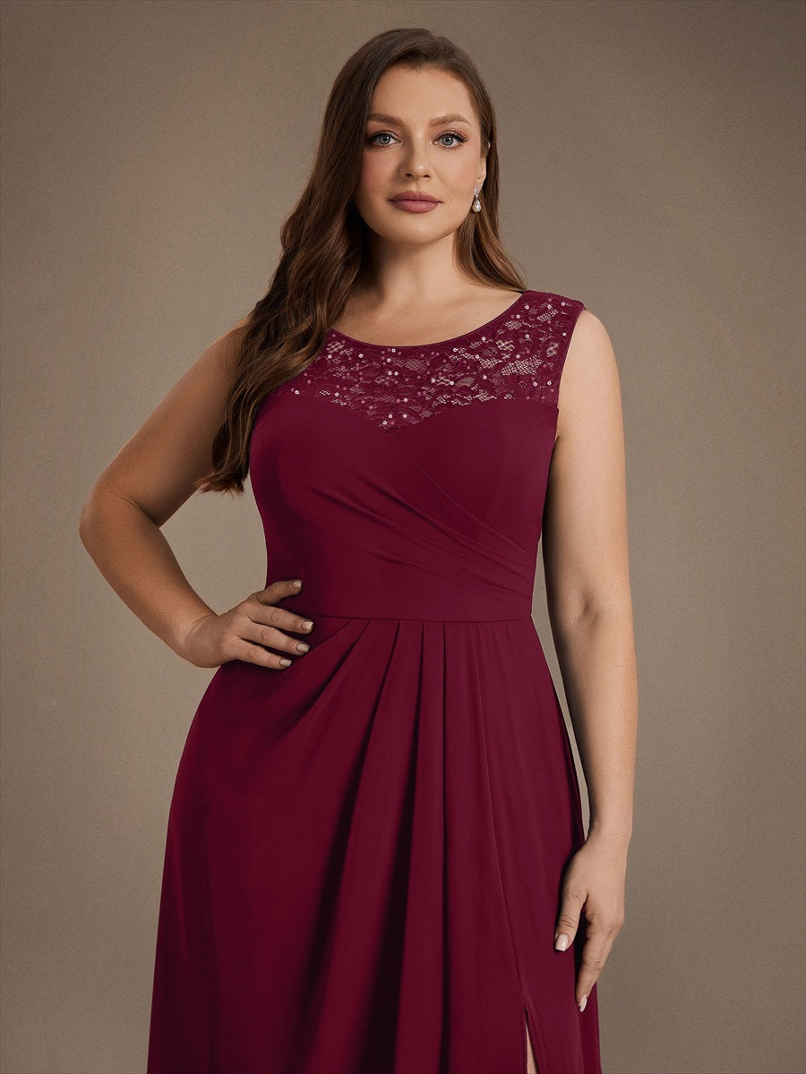 Chiffon mit A-Linie, Ärmellos, und hochzeitsgastkleid #Farbe_Burgunderrot