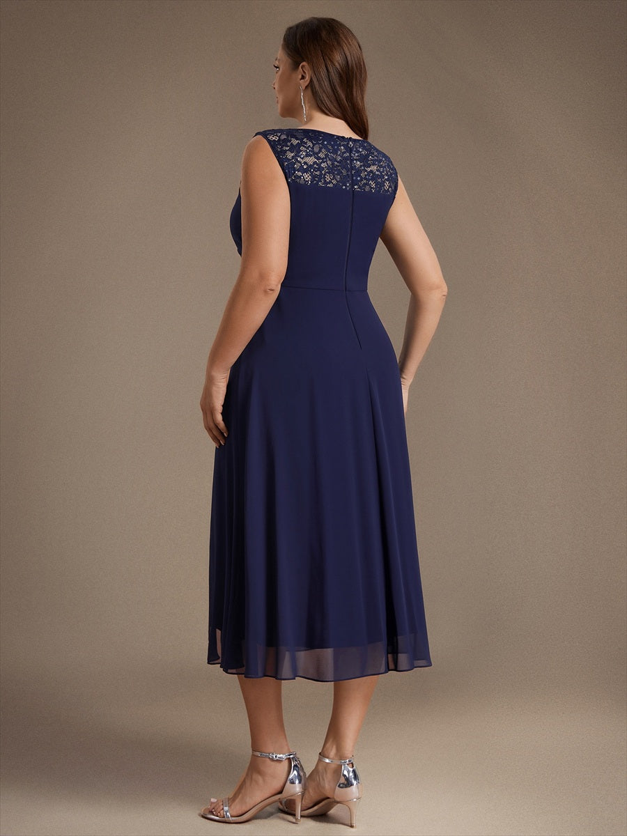 Chiffon mit A-Linie, Ärmellos, und hochzeitsgastkleid #Farbe_Marineblau