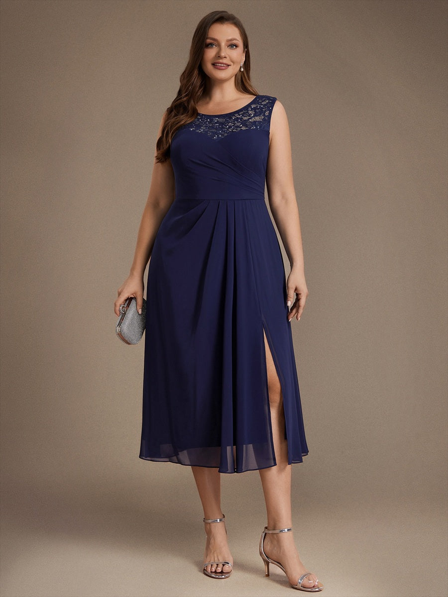 Chiffon mit A-Linie, Ärmellos, und hochzeitsgastkleid #Farbe_Marineblau