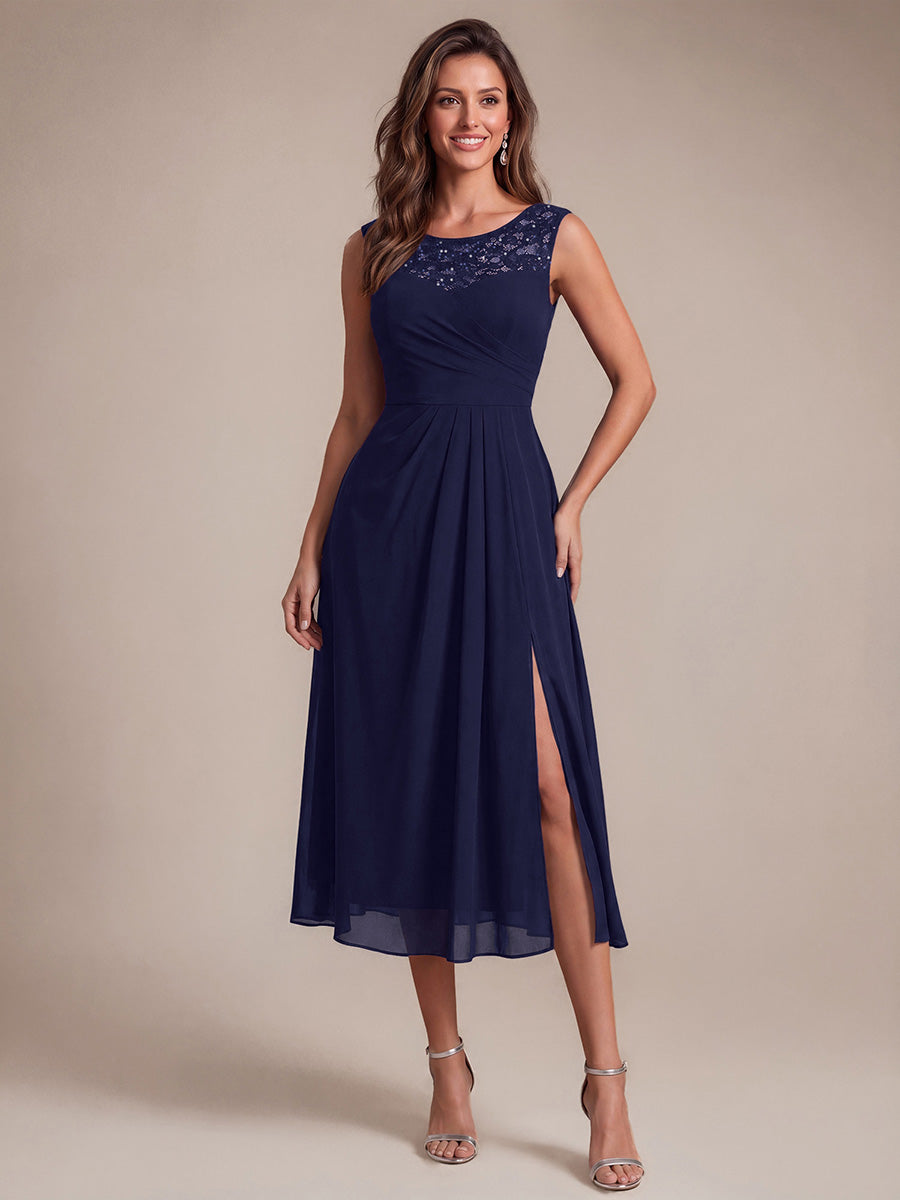 Chiffon mit A-Linie, Ärmellos, und hochzeitsgastkleid #Farbe_Marineblau
