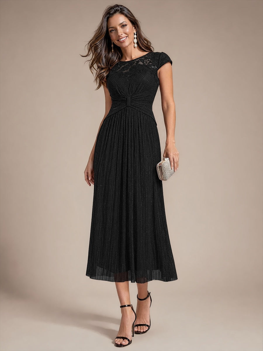 Midi Tee Länge A Linie Kleid Rund Ausschnitt Tüll Elegantes Design Besondere Anlässe #Farbe_Schwarz