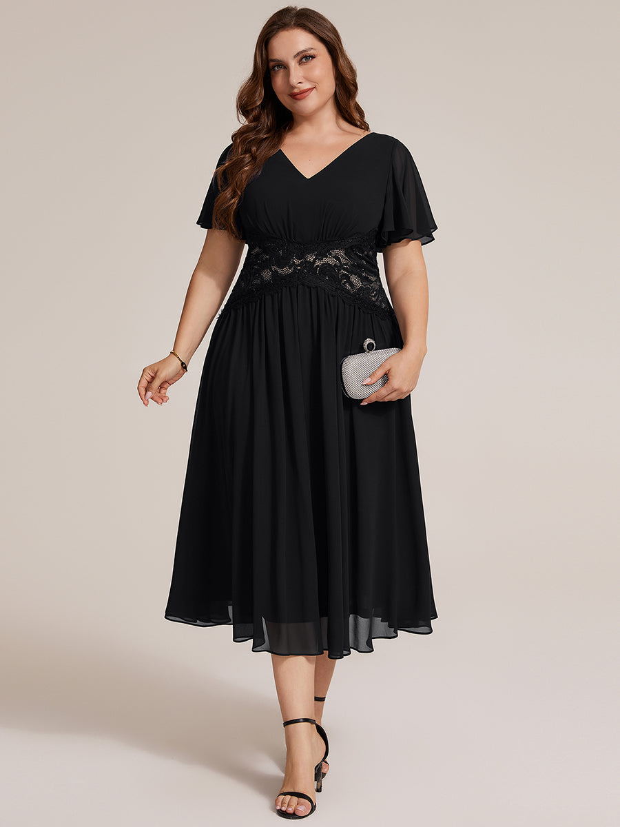 Midi Tee-Länge A-Linie Kleid Mit V-Ausschnitt Chiffon Stoff Und Rüschen Eleganter Stil Kleid #Farbe_Schwarz