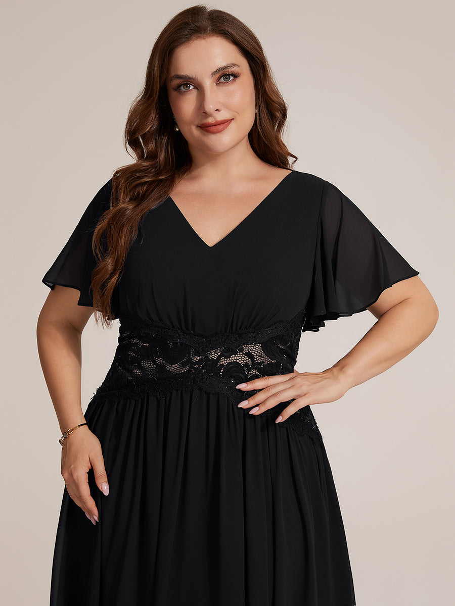 Midi Tee-Länge A-Linie Kleid Mit V-Ausschnitt Chiffon Stoff Und Rüschen Eleganter Stil Kleid #Farbe_Schwarz