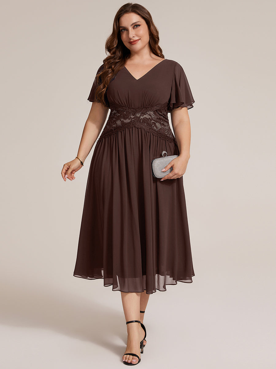 Midi Tee-Länge A-Linie Kleid Mit V-Ausschnitt Chiffon Stoff Und Rüschen Eleganter Stil Kleid #Farbe_Schokoladenbraun