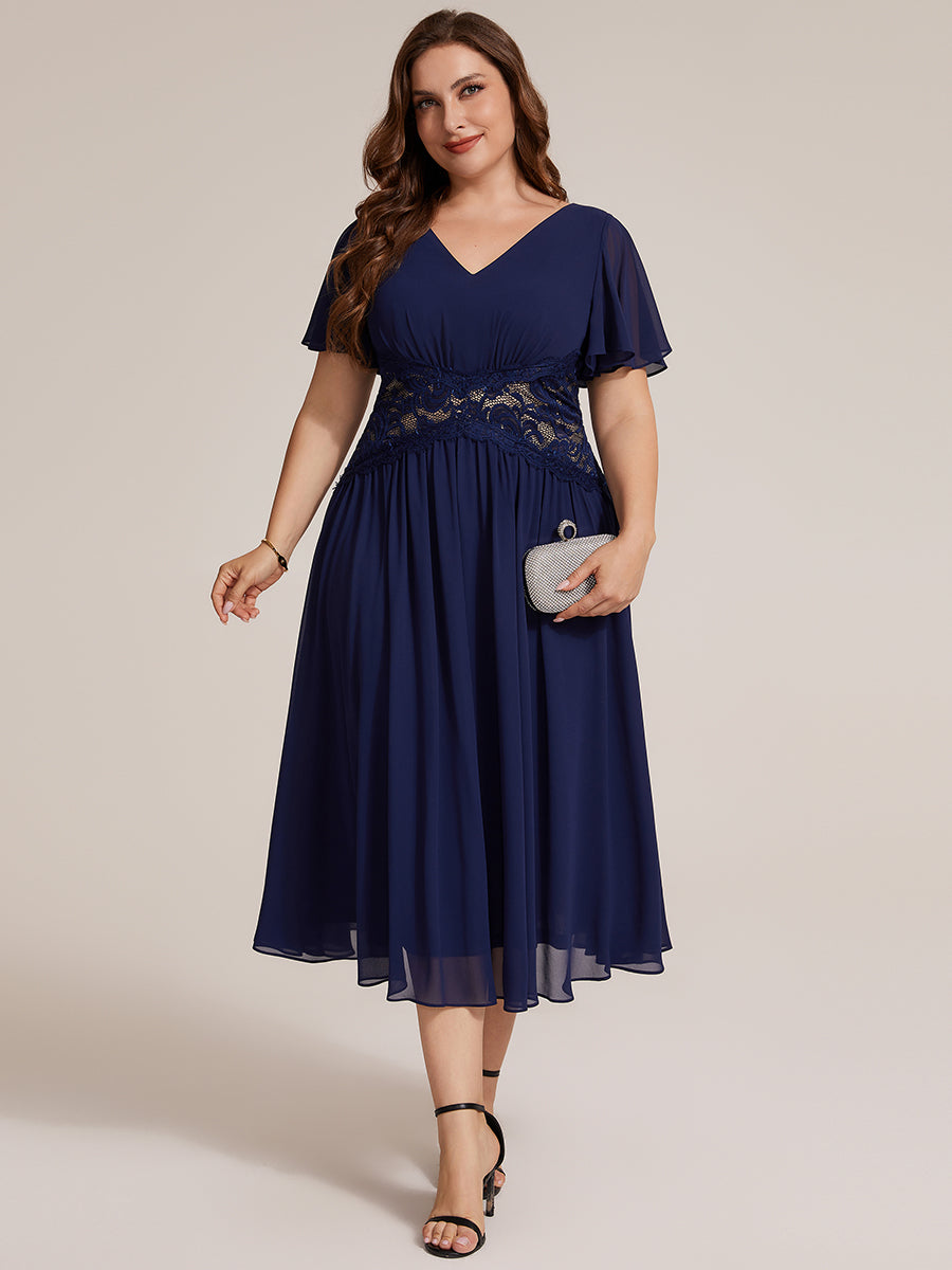 Midi Tee-Länge A-Linie Kleid Mit V-Ausschnitt Chiffon Stoff Und Rüschen Eleganter Stil Kleid #Farbe_Marineblau