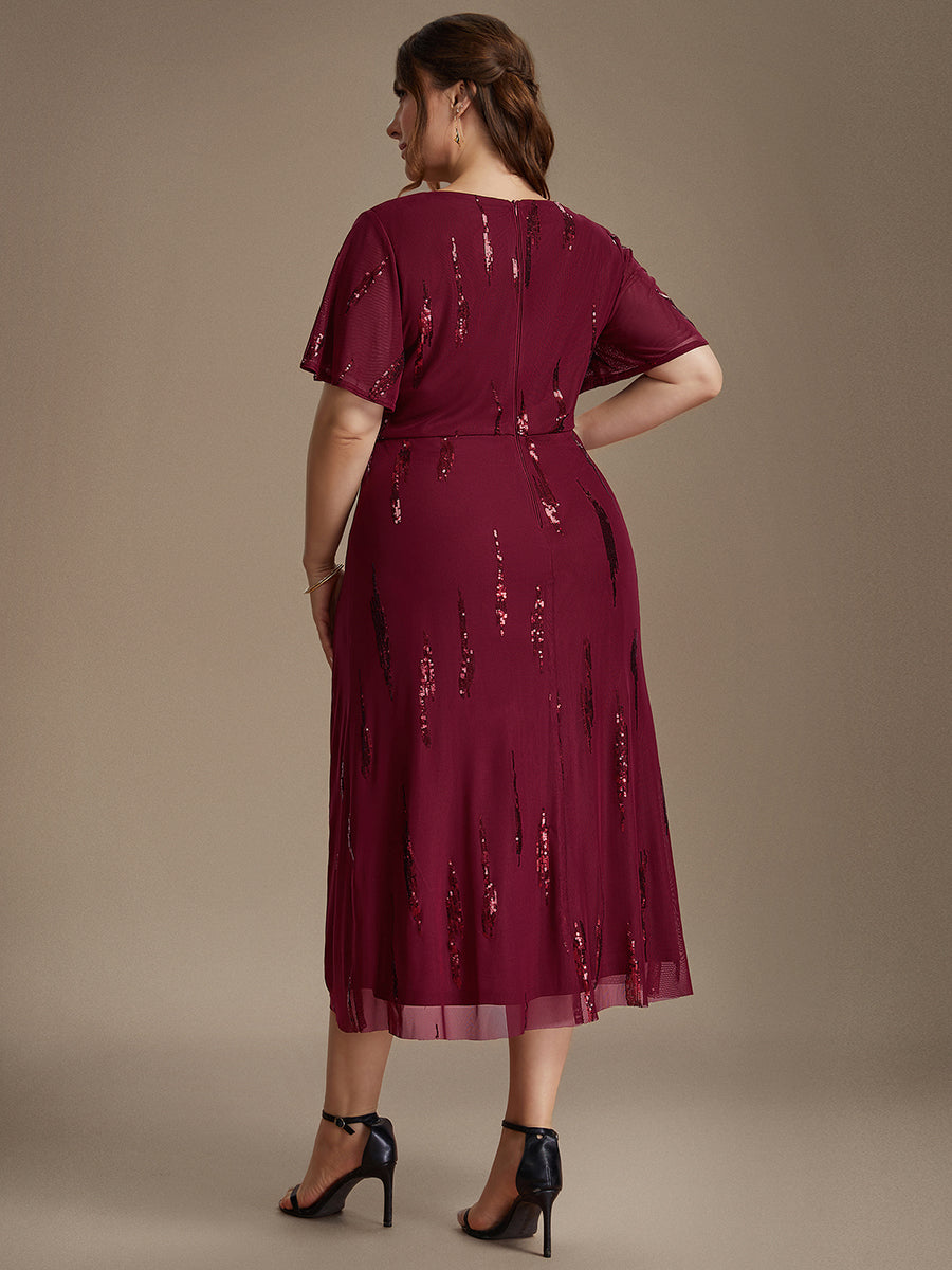 Tea Länge V Ausschnitt Etui Kleid Aus Tüll Mit Pailletten Und Schlitz Zum Binden Kleid #Farbe_Burgunderrot