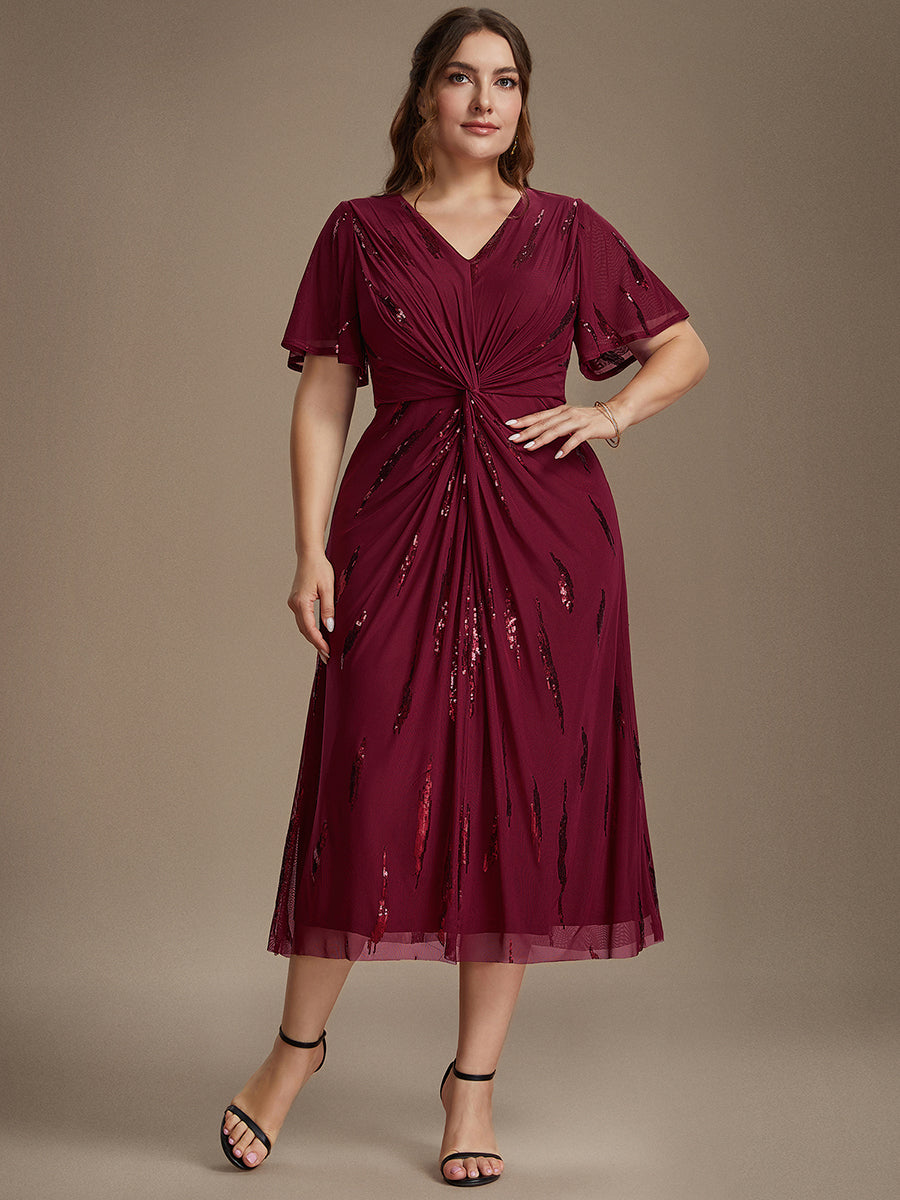 Tea Länge V Ausschnitt Etui Kleid Aus Tüll Mit Pailletten Und Schlitz Zum Binden Kleid #Farbe_Burgunderrot