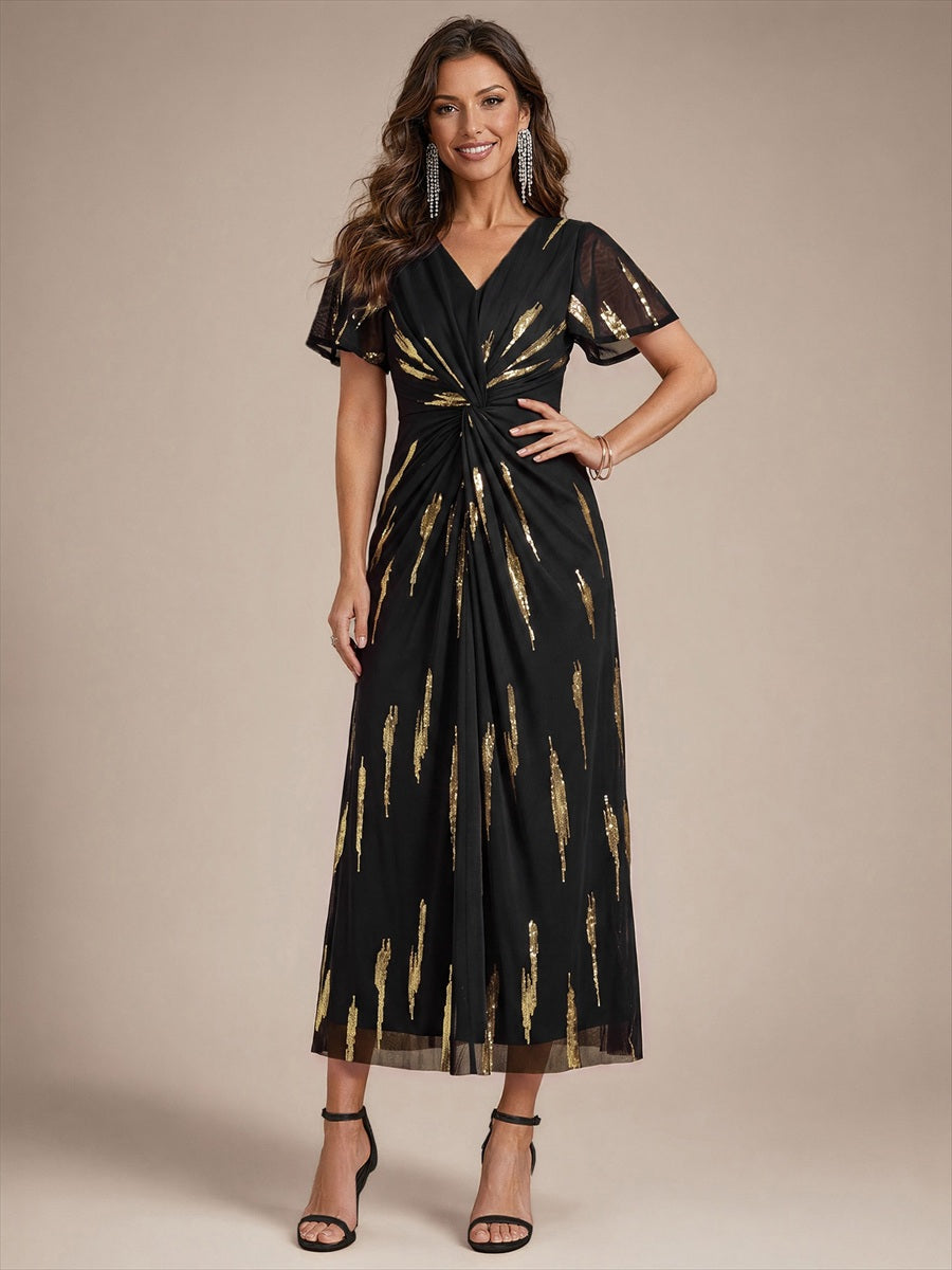Tea Länge V Ausschnitt Etui Kleid Aus Tüll Mit Pailletten Und Schlitz Zum Binden Kleid #Farbe_Schwarz / Metallisches Gold