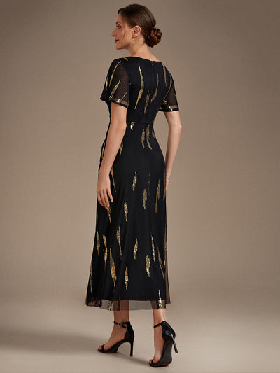 Tea Länge V Ausschnitt Etui Kleid Aus Tüll Mit Pailletten Und Schlitz Zum Binden Kleid #Farbe_Schwarz & Gold