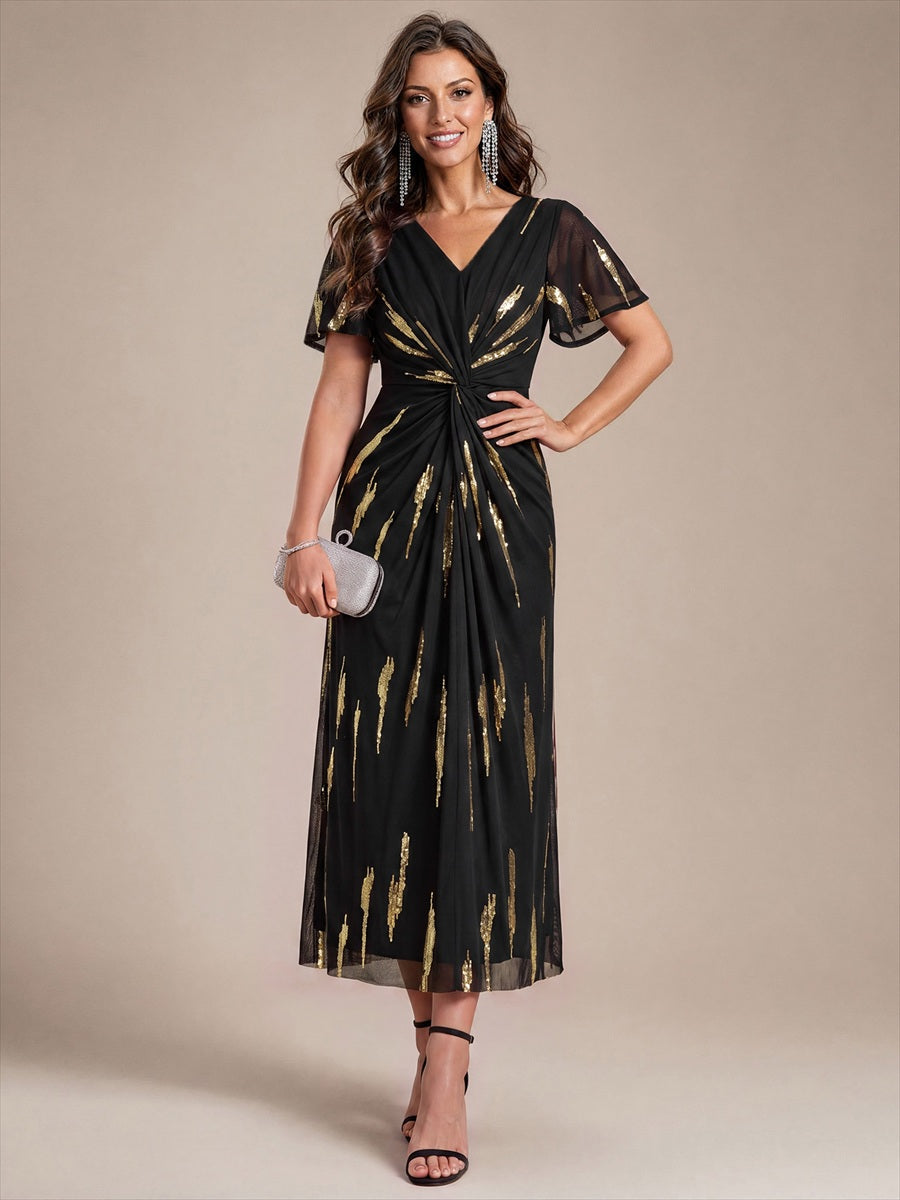 Tea Länge V Ausschnitt Etui Kleid Aus Tüll Mit Pailletten Und Schlitz Zum Binden Kleid #Farbe_Schwarz / Metallisches Gold