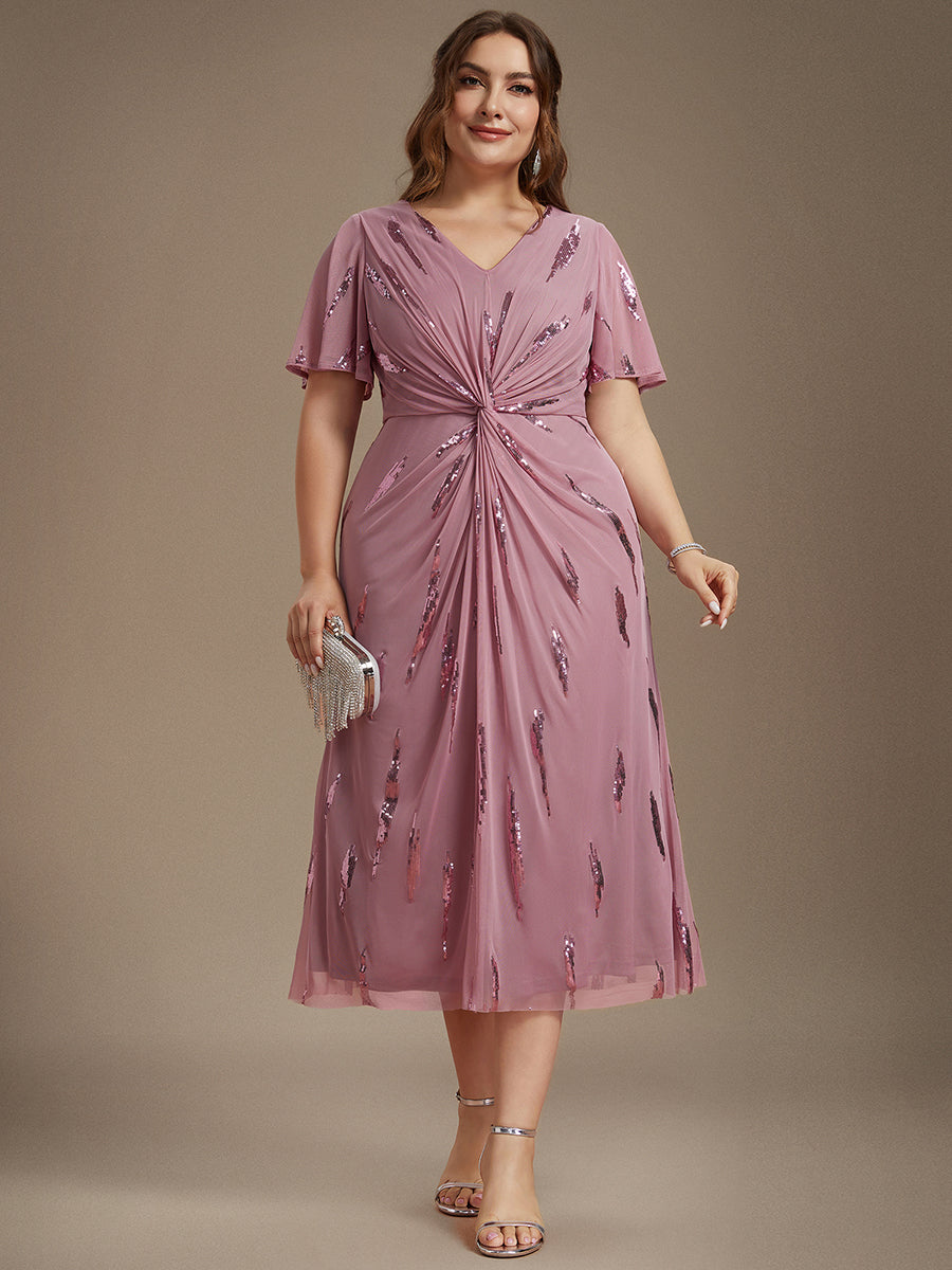 Tea Länge V Ausschnitt Etui Kleid Aus Tüll Mit Pailletten Und Schlitz Zum Binden Kleid #Farbe_Orchideenviolett