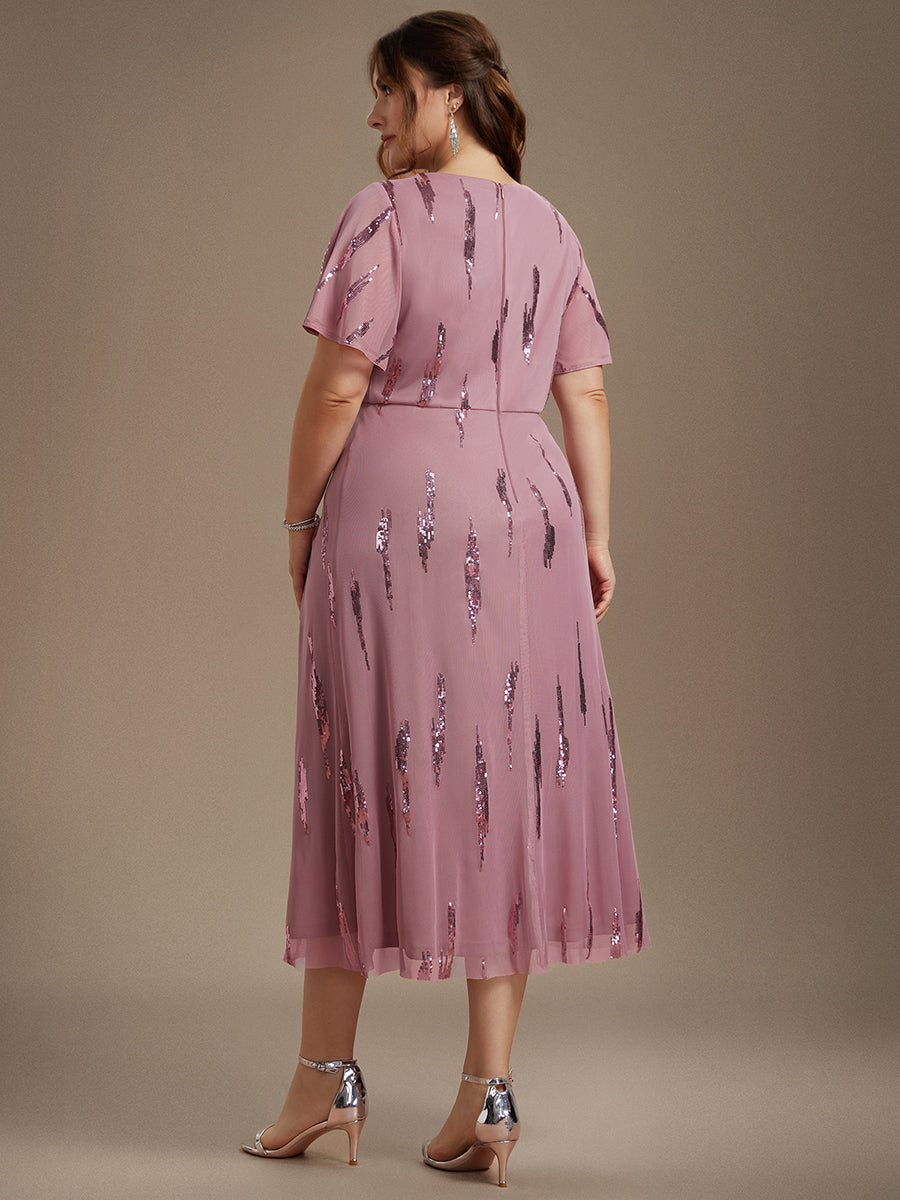 Tea Länge V Ausschnitt Etui Kleid Aus Tüll Mit Pailletten Und Schlitz Zum Binden Kleid #Farbe_Orchideenviolett