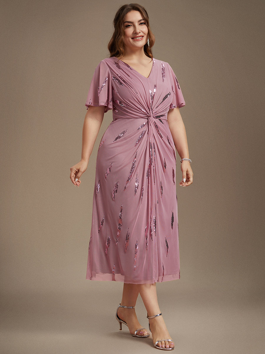 Tea Länge V Ausschnitt Etui Kleid Aus Tüll Mit Pailletten Und Schlitz Zum Binden Kleid #Farbe_Orchideenviolett