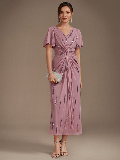 Tea Länge V Ausschnitt Etui Kleid Aus Tüll Mit Pailletten Und Schlitz Zum Binden Kleid #Farbe_Orchideenviolett